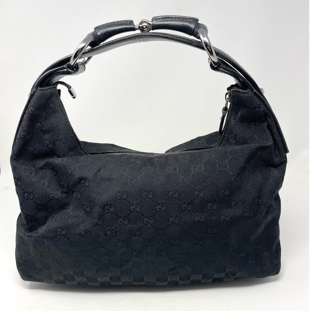 SOLD Gucci Monogram GG Double G Horsebit Hobo Shoulder Bag Purse Canvas Leather